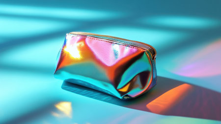 This image showcases a shimmering iridescent cosmetic bag placed on a vibrant blue background, creating captivating reflections and soft shadows for a stylish touch.の素材