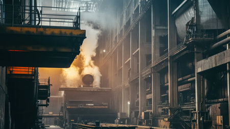 A captivating view of an industrial factory interior, showcasing machinery and steam within a dimly lit metal structure, emphasizing the essence of production.の素材