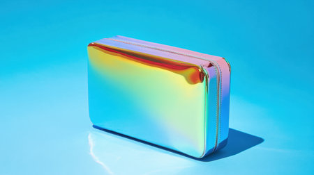 This image features a glossy, colorful cosmetic bag on a bright blue background, ideal for showcasing modern beauty accessories with a vibrant and stylish appeal.の素材