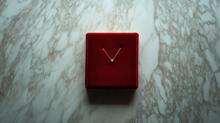 This stunning image showcases an elegant gold necklace with a sparkling pendant, beautifully presented on a luxurious velvet box against a marble backdrop.の素材