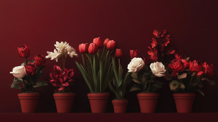 This captivating image features a stunning arrangement of vibrant flowers in red and white pots set against a rich red background, perfect for home decor.の素材