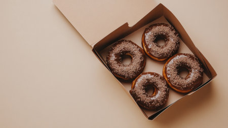 A tempting arrangement of chocolate frosted donuts nestled in a brown takeout box, perfect for satisfying your sweet cravings and enjoying moments of indulgence.の素材