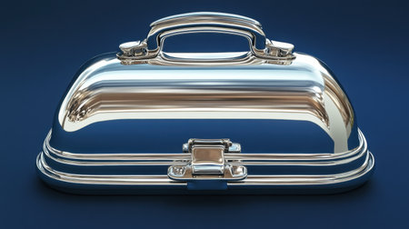 A polished stainless steel food cover featuring an elegant handle, ideal for culinary presentation on a deep blue background. Perfect for upscale dining experiences.の素材