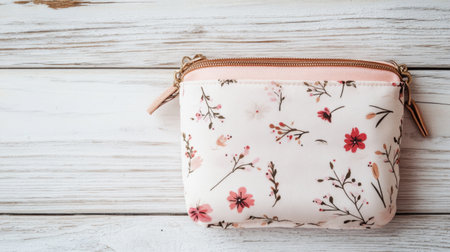 A charming floral cosmetic pouch designed with a delicate print, featuring a zipper closure, perfect for organizing beauty essentials in style.の素材