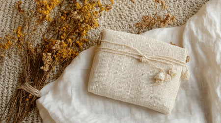 This image showcases a soft, textured fabric pouch tied with twine, accompanied by dried flowers, creating a serene and cozy atmosphere perfect for decor.の素材