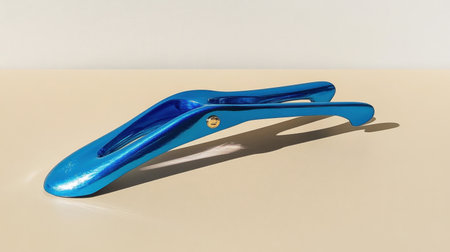 A blue shoe horn elegantly rests on a beige background, showcasing its sleek design and smooth surface, perfect for practical use and style.の素材