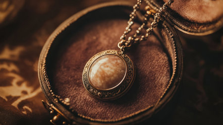 An exquisite antique locket featuring a unique vintage stone pendant, displayed elegantly on a plush background, evokes feelings of nostalgia and timeless beauty.の素材
