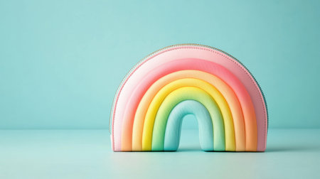 A captivating rainbow-shaped clutch bag with vibrant pastel colors, set against a soft blue background, perfect for fashion-forward styling and inspiration.の素材