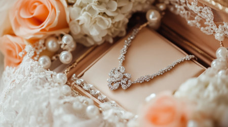 An exquisite arrangement featuring a stunning necklace nestled among soft pastel roses, pearls, and delicate lace, perfect for elegant bridal or luxury events.の素材