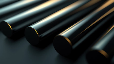 Explore the captivating beauty of polished black metal cylinders, showcasing smooth surfaces and rich reflections. Ideal for design and industrial themes.の素材