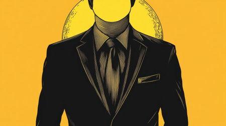 This striking image features a businessman silhouette against a vibrant yellow background, representing themes of identity, professionalism, and mystery.の素材