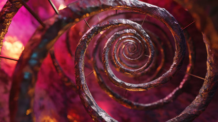 This mesmerizing image features a stunning spiral structure with a metallic texture, enhanced by vibrant lighting to create a captivating visual experience.の素材