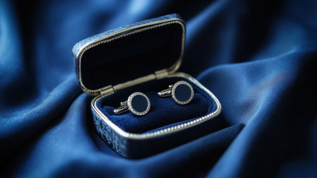 This image showcases elegant silver cufflinks meticulously placed in a blue velvet box, emphasizing luxury and sophistication, perfect for formal occasions.の素材
