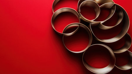 This abstract photograph features a modern composition of circular bronze shapes on a vibrant red background, embodying elegance and creativity.の素材