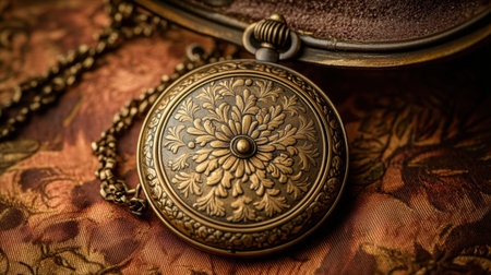 This vintage pocket watch features an intricate floral design, resting elegantly on an ornate background in warm tones, showcasing timeless craftsmanship and beauty.の素材