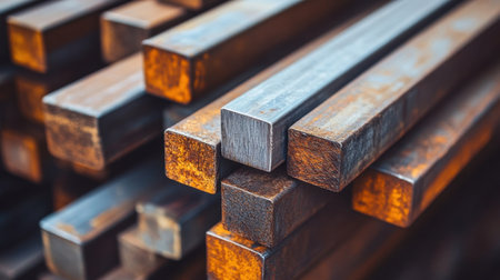 An artistic close-up of rusty metal bars stacked in an industrial setting, showcasing textures, colors, and patterns typical of heavy materials.の素材