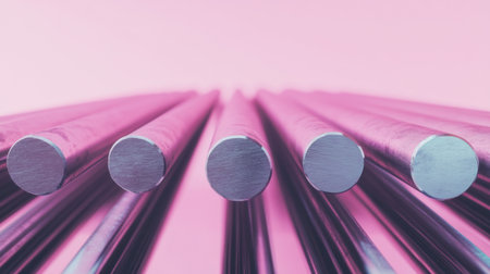 This image features metallic rods in a parallel arrangement against a soft pink background, showcasing their shiny surfaces and sleek design, perfect for modern themes.の素材