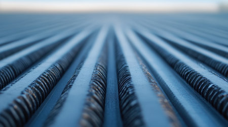This image showcases a close-up view of parallel metal bars with a smooth surface, featuring reflections and subtle textures under soft lighting.の素材