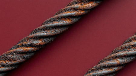 This image showcases a close-up of a rusty twisted metal rope on a solid red background, emphasizing texture and industrial details. Perfect for design projects.の素材