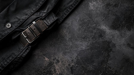 A close-up image featuring a detailed view of a black fabric texture with a metallic belt on a dark surface. Ideal for fashion and design projects.の素材