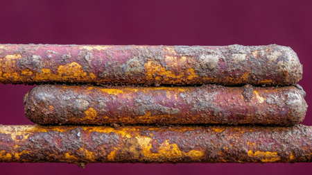 This image captures a close-up view of rusty metal bars showcasing textured surfaces and flaking paint against a vibrant background. The rust highlights decay and age, making it ideal for industrial themes.の素材
