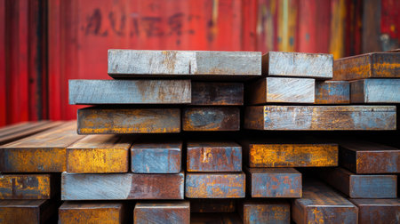 A close-up view of stacked metal bars showcasing a rusty patina and a mix of textures. The vibrant industrial background enhances the character of the image.の素材
