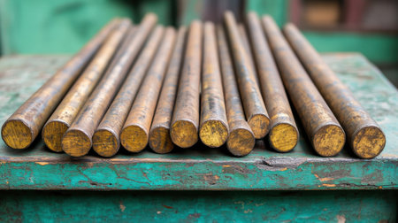A detailed close-up image showcasing cylindrical iron rods arranged neatly on a weathered green surface. The texture and details highlight industrial themes.の素材