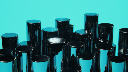 A captivating abstract scene featuring glossy black cylinders arranged on a vibrant turquoise background. The interplay of light, reflections, and shadows creates an engaging visual effect suitable for modern design and artistic endeavors.の素材