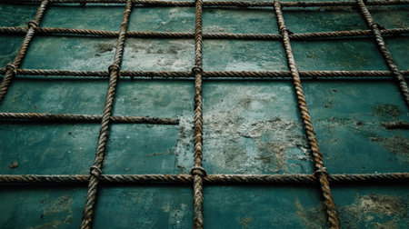 This image showcases a rustic textured background featuring a twisted rope grid pattern against a decaying green surface, perfect for creative projects.の素材