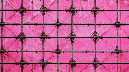 Close-up view of a unique pink background featuring an intricate metal structure, showcasing vibrant colors and artistic patterns for creative projects.の素材