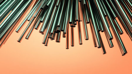 A stunning arrangement of metallic tubes set against a warm gradient background. This artistic composition emphasizes texture, light, and geometric lines, ideal for creative projects.の素材