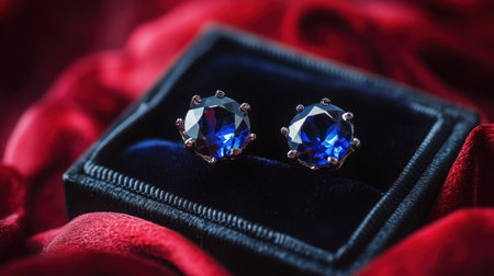 This close-up image features elegant blue gemstone earrings nestled in a luxurious velvet box. The rich red fabric enhances the beauty of the earrings, highlighting their sparkle and craftsmanship. Perfect for showcasing fine jewelry.の素材