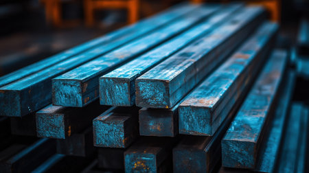 This close-up image captures the textured surfaces of stacked steel bars in a dimly lit industrial environment, showcasing their blue tint and sturdy design.の素材