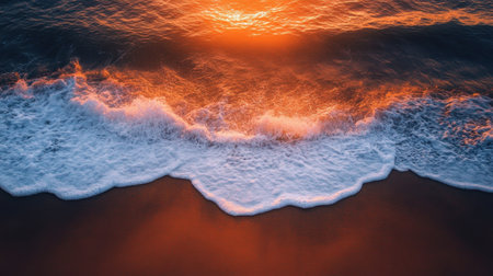 A serene view of gentle ocean waves lapping against a sandy shoreline during sunrise. The warm light creates a tranquil atmosphere. Perfect for evoking relaxation.の素材