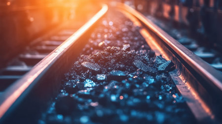 This image captures a close-up view of coal piled on railroad tracks, illuminated by a glowing sunset. The rich textures and warm colors emphasize the industrial essence of energy transportation.の素材