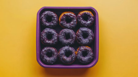 A square container filled with freshly baked purple glazed donuts set against a cheerful yellow background, perfect for visuals in marketing or food blogs.の素材