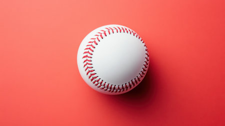 A close-up of a traditional white baseball showcasing its detailed stitching against a vibrant red background. Ideal for sports themes, promotions, or creative projects.の素材