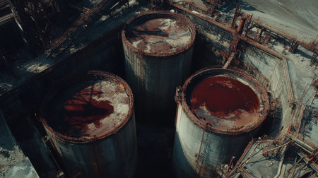 This aerial image showcases large industrial tanks in an abandoned factory setting. Rusty structures and oil stains highlight the decay and industrial landscape.の素材
