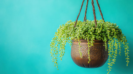 A beautiful hanging succulent plant in a decorative brown pot, showcasing vibrant green leaves against a striking turquoise background, perfect for decor.の素材