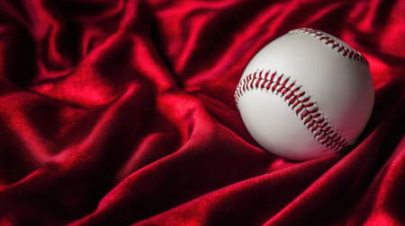A captivating baseball rests on smooth red satin fabric, capturing the interplay of textures and light. This still life composition highlights the elegance of sports equipment in a visually striking setup.の素材
