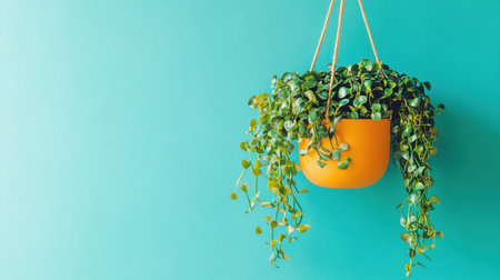 A vibrant green plant in a yellow pot hanging gracefully against a bright aqua wall. Perfect for home decor, this image showcases natural beauty and tranquility.の素材