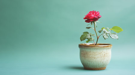 A stunning red rose elegantly stands in a handmade ceramic pot against a soft mint green background, perfect for nature-inspired decor or gifts.の素材