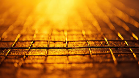 A captivating close-up view of a textured wire mesh surface bathed in warm golden light. This image showcases the interplay of light and shadow, highlighting the intricate grid pattern and adding an artistic touch to industrial design, perfect for backgrounds or abstract themes.の素材