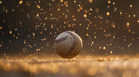 A captivating image of a baseball bouncing in the rain, capturing vibrant droplets and shimmering light, evoking the excitement of sports and nature.の素材