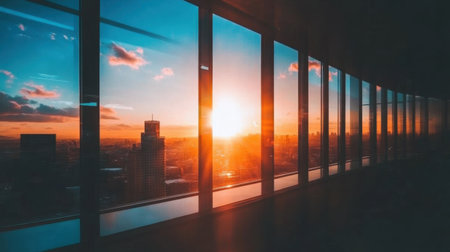 Stunning urban sunset captured through a large office window, showcasing a vibrant cityscape against dramatic clouds, perfect for conveying tranquility and beauty.の素材
