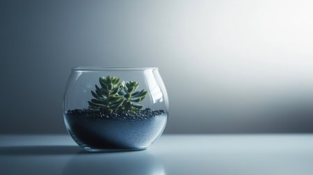 A beautiful succulent plant in a round glass container filled with black gravel, set against a soft, gradient background featuring calming light.の素材