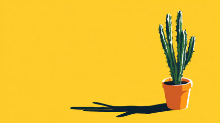 A striking green cactus stands tall in an orange pot casting a long shadow against a vibrant yellow background, perfect for home decor and artistic visuals.の素材
