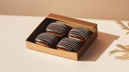 A beautifully arranged box of chocolate covered donuts adorned with striped icing, perfect for any celebration or indulgent treat moment.の素材