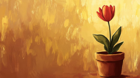 A beautiful red tulip stands tall in a simple clay pot against a warm golden background, showcasing vibrant colors and artistic brush strokes.の素材