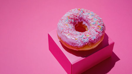 A vibrant pink frosted donut topped with colorful sprinkles sits atop a matching pink base, creating an eye-catching and delightful centerpiece.の素材